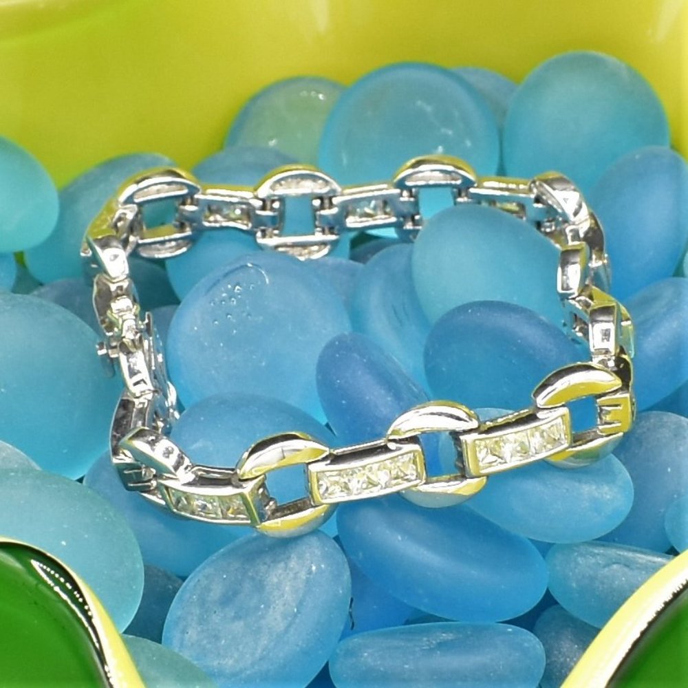 Sterling Silver CZ Square Link Bracelet Rhodium PL